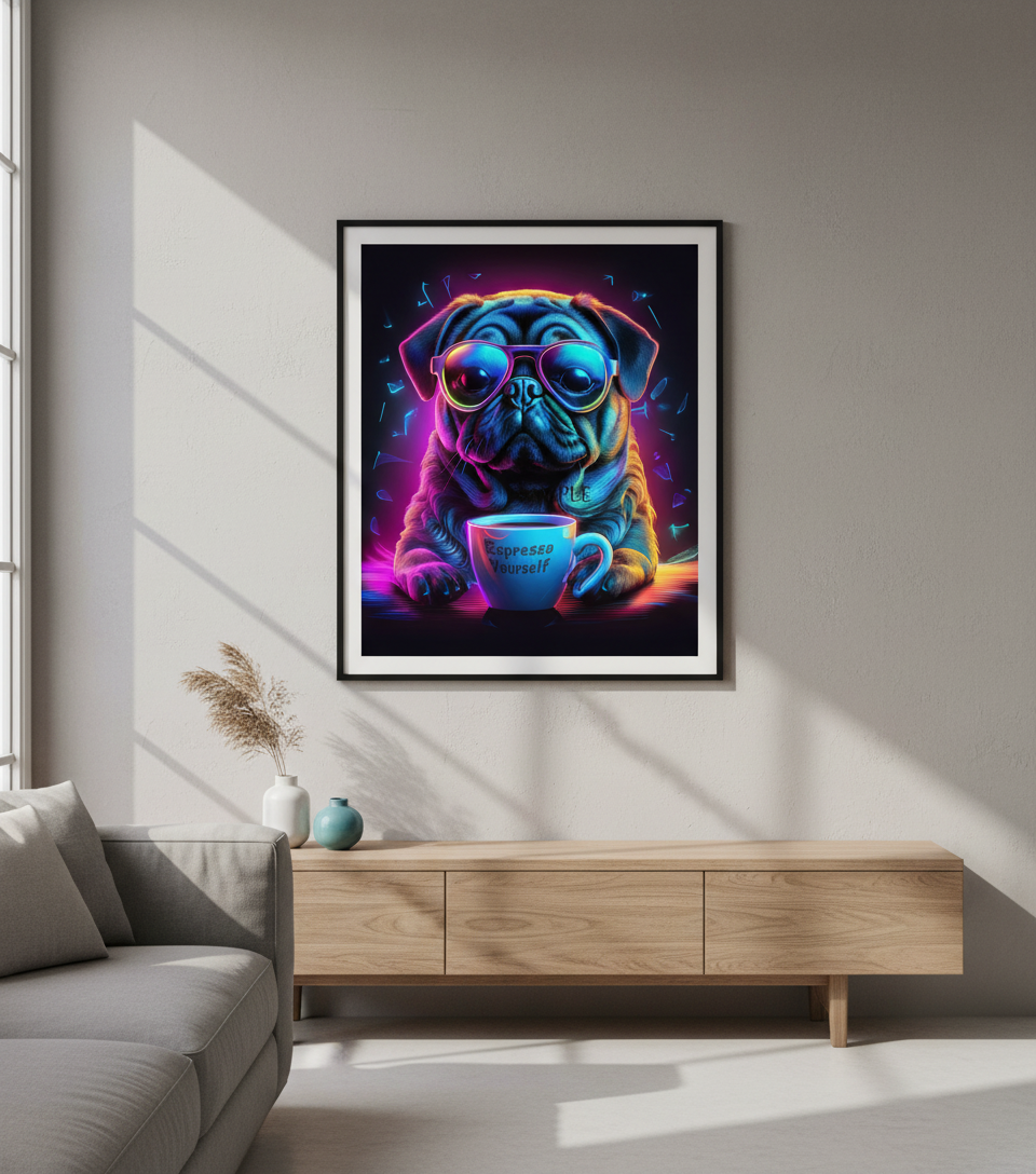 Neon Pug Espresso Yourself digital print framed on modern living room wall