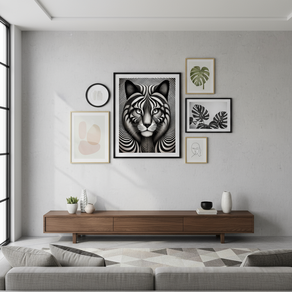 Optical illusion cat poster as part of gallery wall arrangement