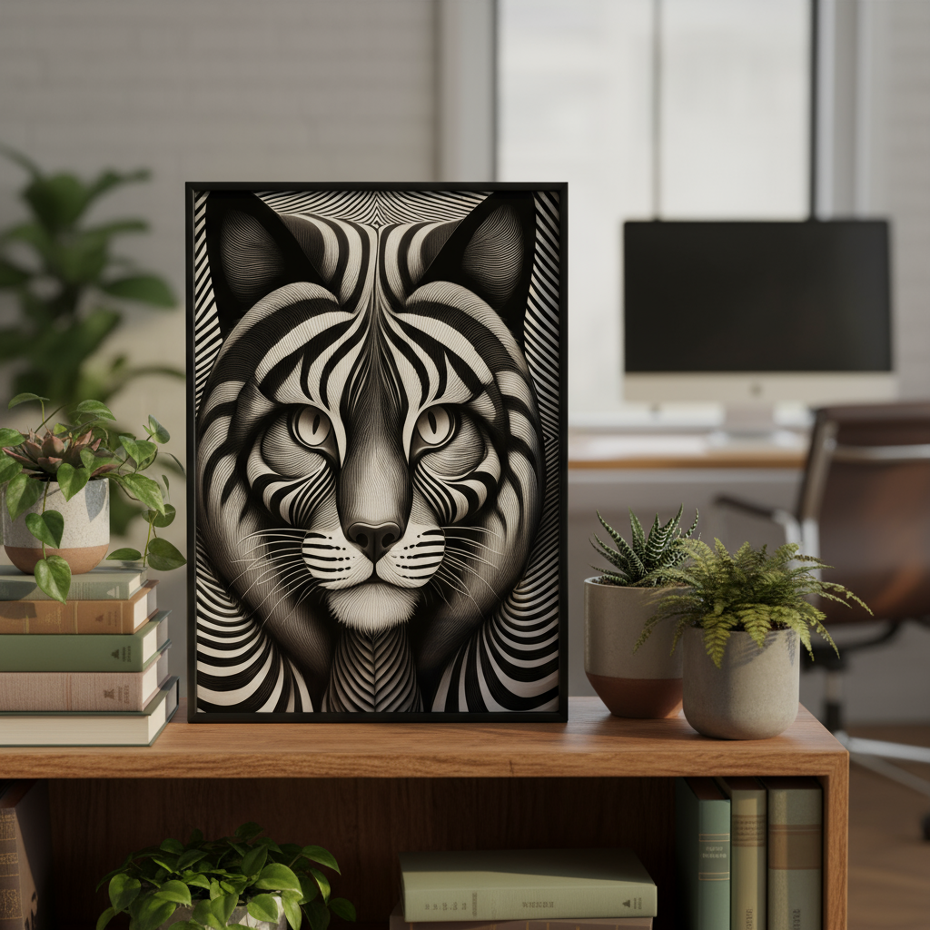 Optical illusion cat digital download framed on shelf - home office décor