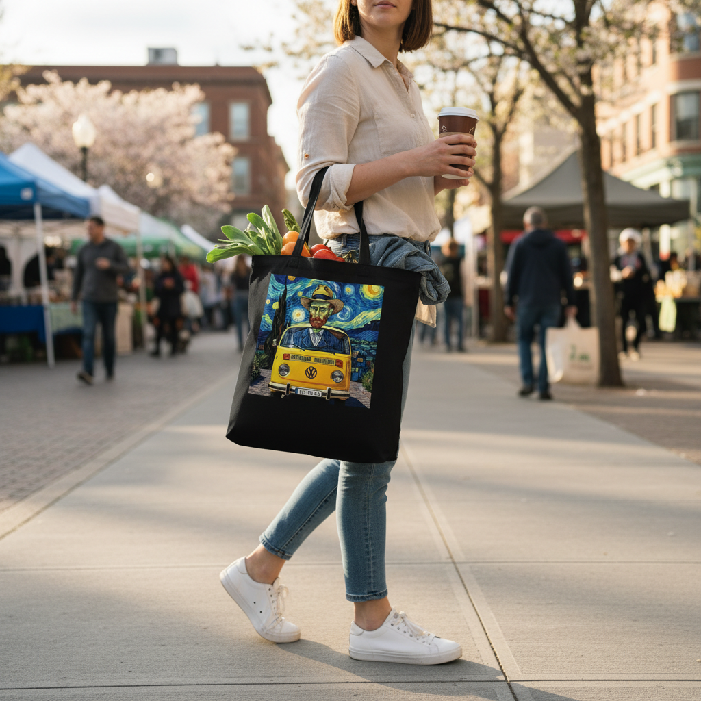 Van Gogh Ear We Go tote bag being carried - everyday shopping lifestyle