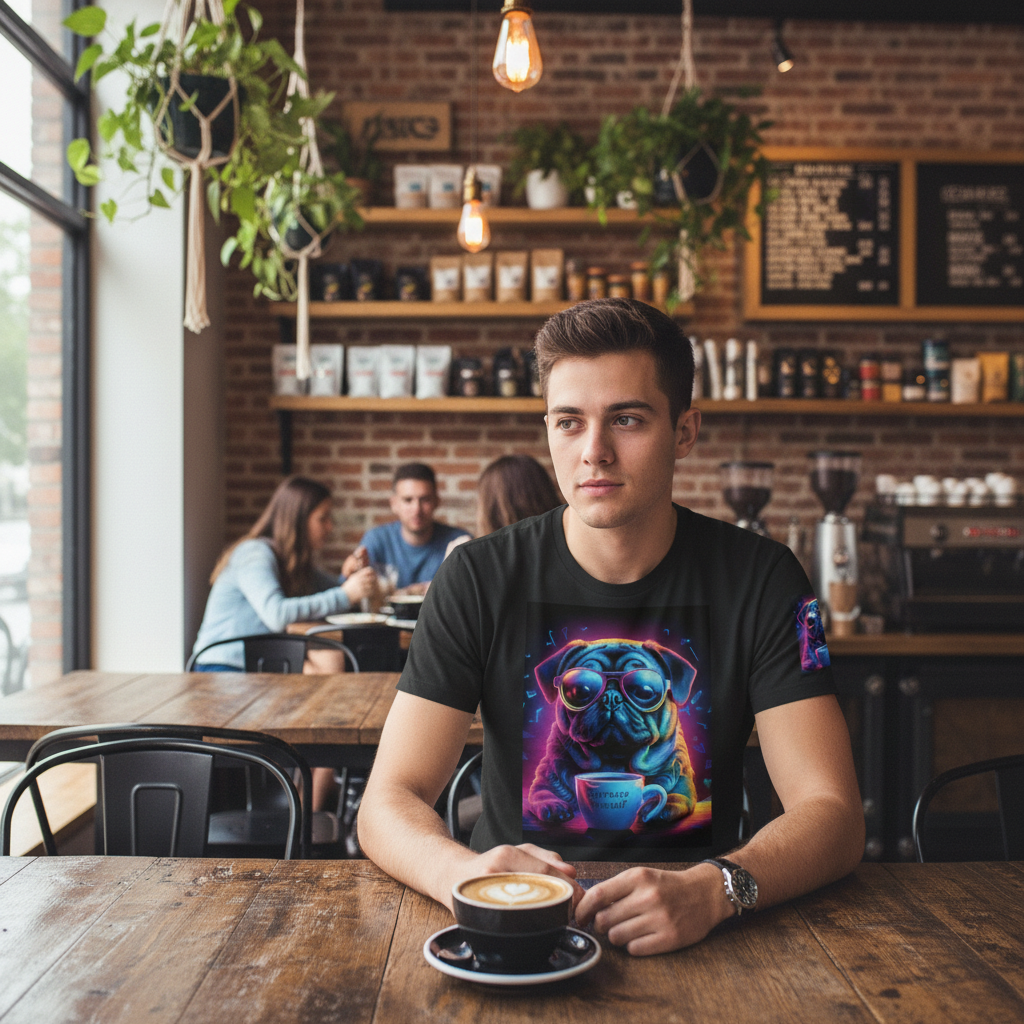 Person wearing Neon Pug Espresso Yourself t-shirt at trendy coffee shop