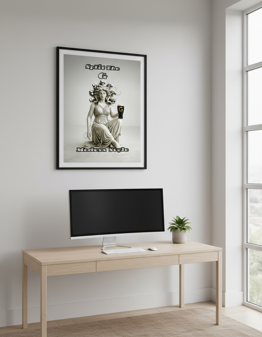 Split The G Medusa framed in office - workspace decor mockup example