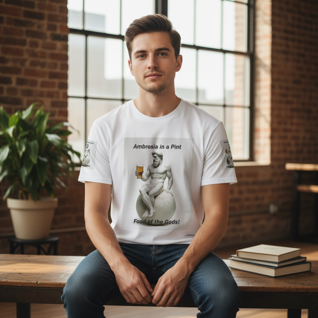 Atlas drinking nectar white t-shirt lifestyle - casual mythology fashion