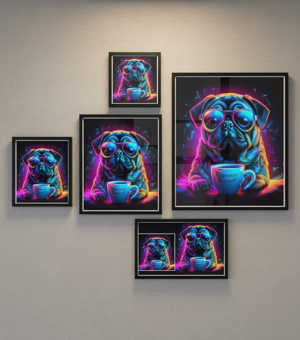 Neon Pug Espresso Yourself print in different sizes showing flexibility