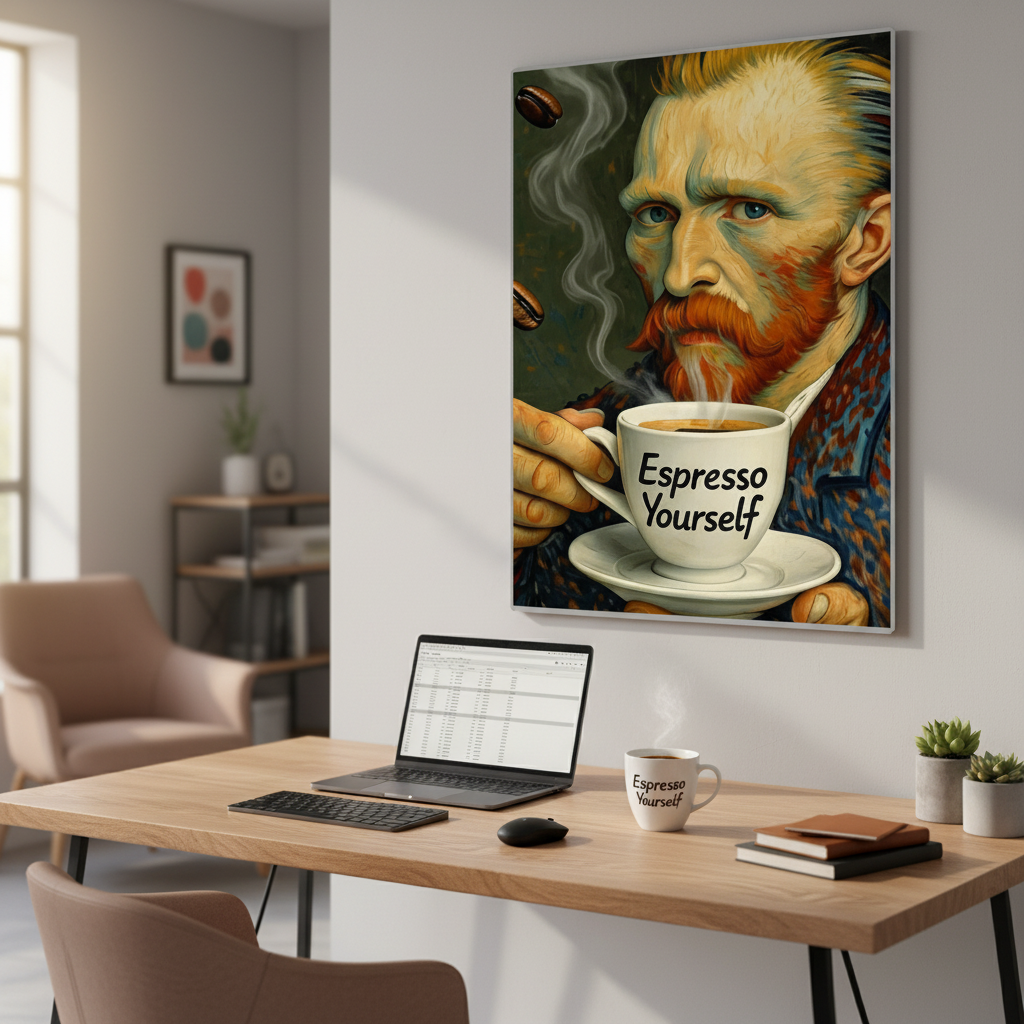 Van Gogh Espresso Yourself 30x40 poster in home office workspace with coffee