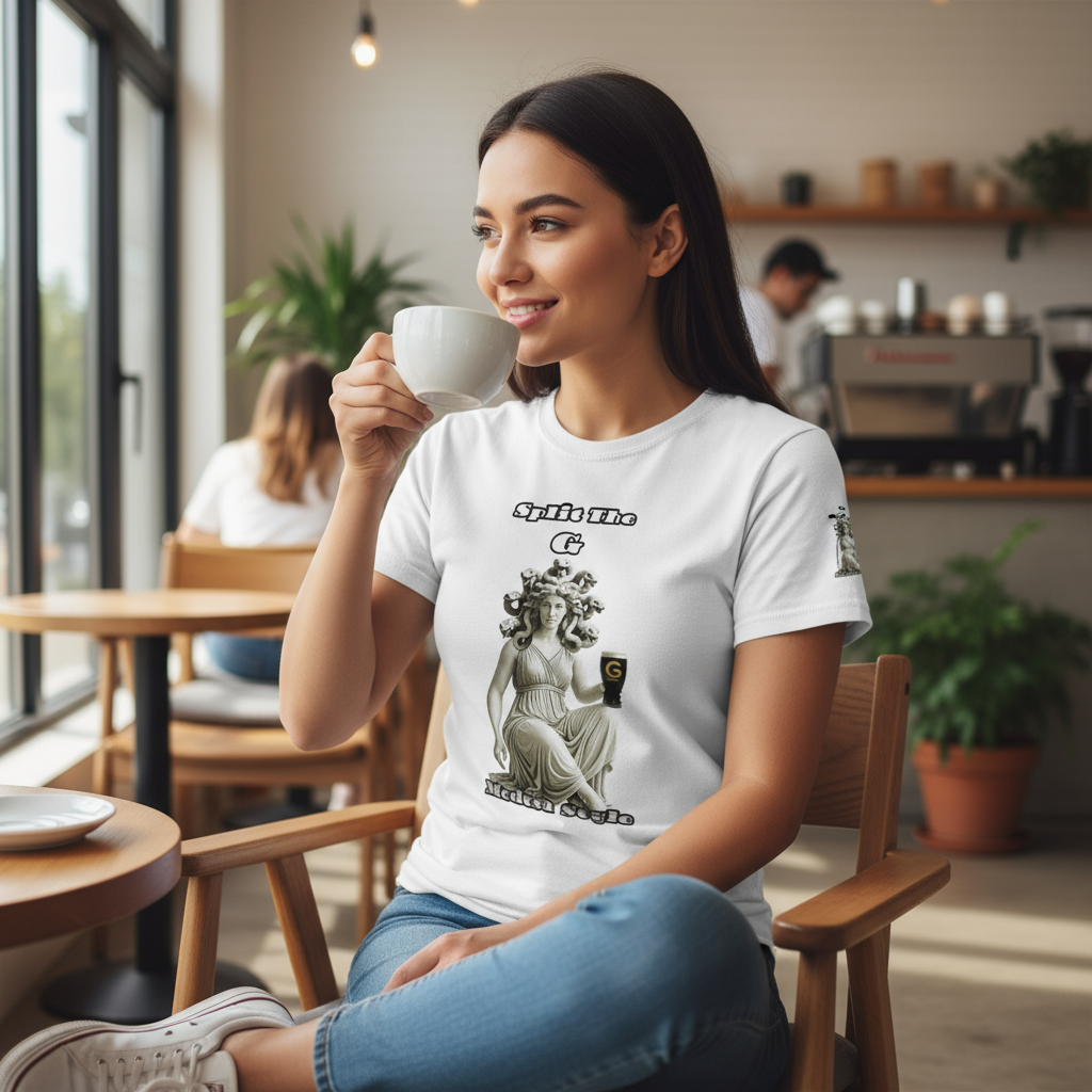 Woman wearing Split The G Medusa t-shirt in coffee shop - Greek mythology casual fashion