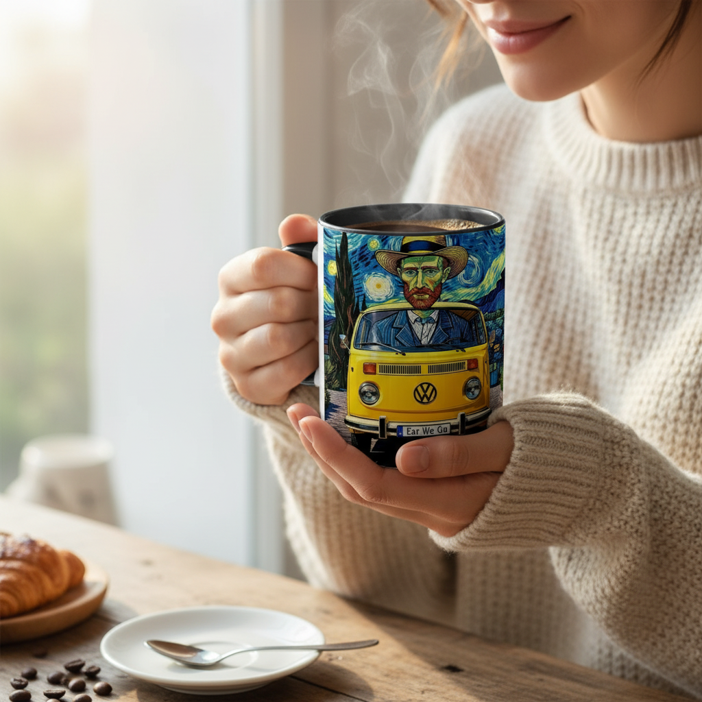 Van Gogh Ear We Go mug being enjoyed - morning coffee ritual