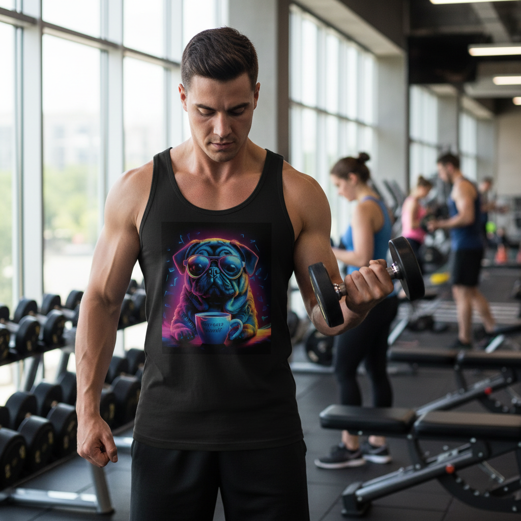 Person wearing Neon Pug Espresso Yourself tank top at gym workout