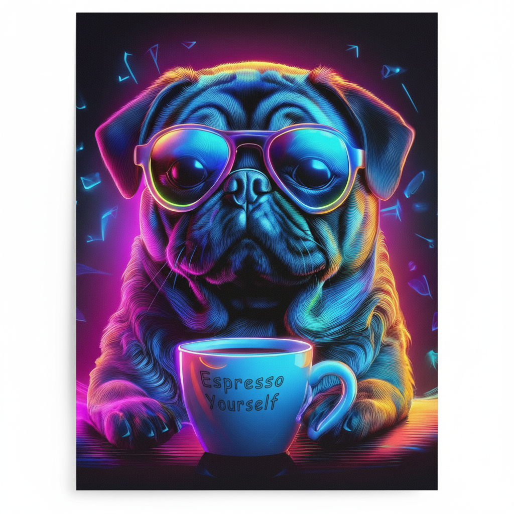 Neon Pug Espresso Yourself 30x40 inch poster unframed product shot on white background