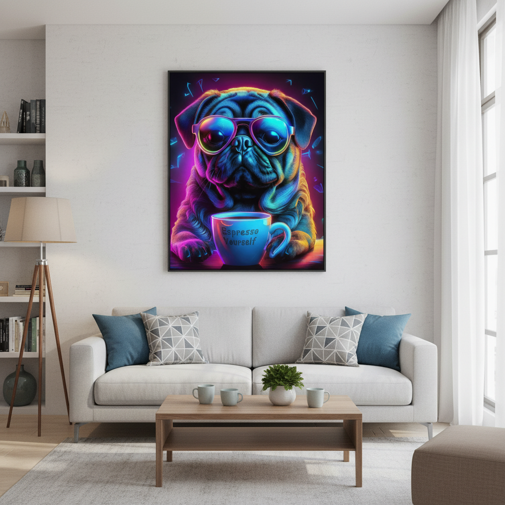 Neon Pug Espresso Yourself canvas hanging on modern living room wall