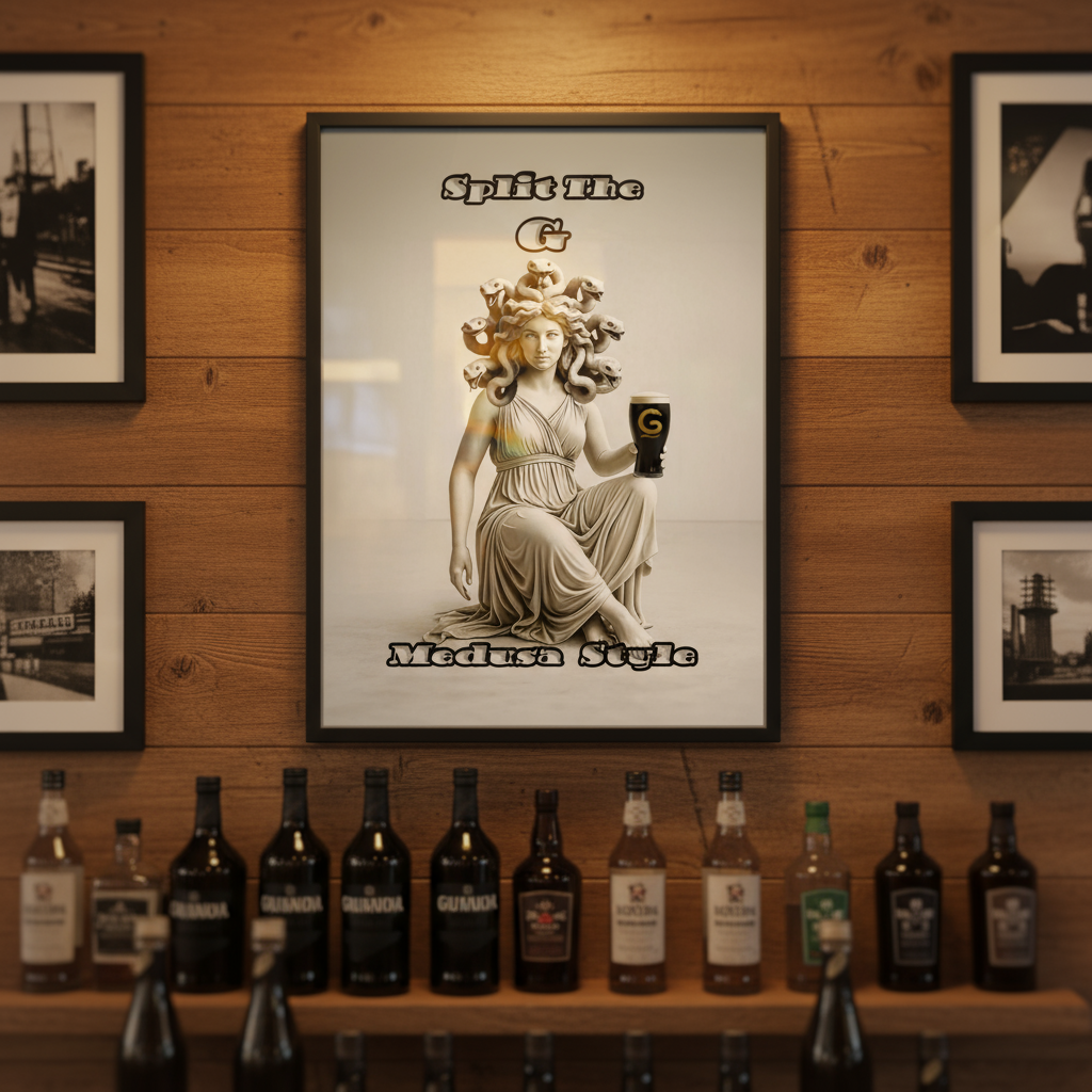 Split The G Medusa poster framed in bar or pub - actual artwork mockup