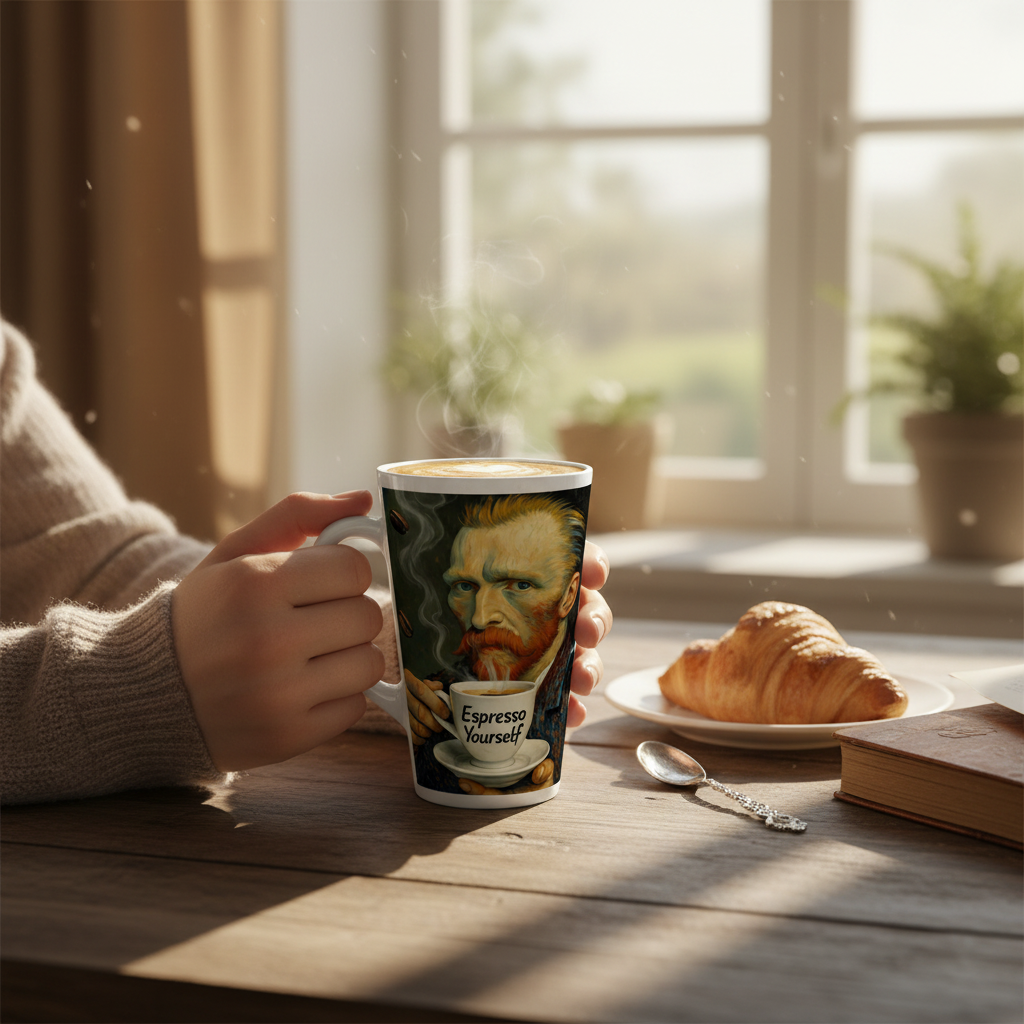 Person holding Van Gogh Espresso Yourself latte mug with coffee