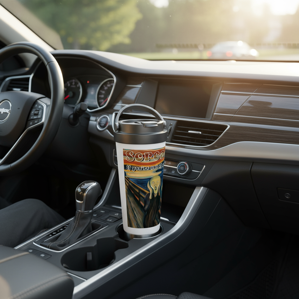 Scream If You're Out of Coffee travel mug in car cup holder during morning commute