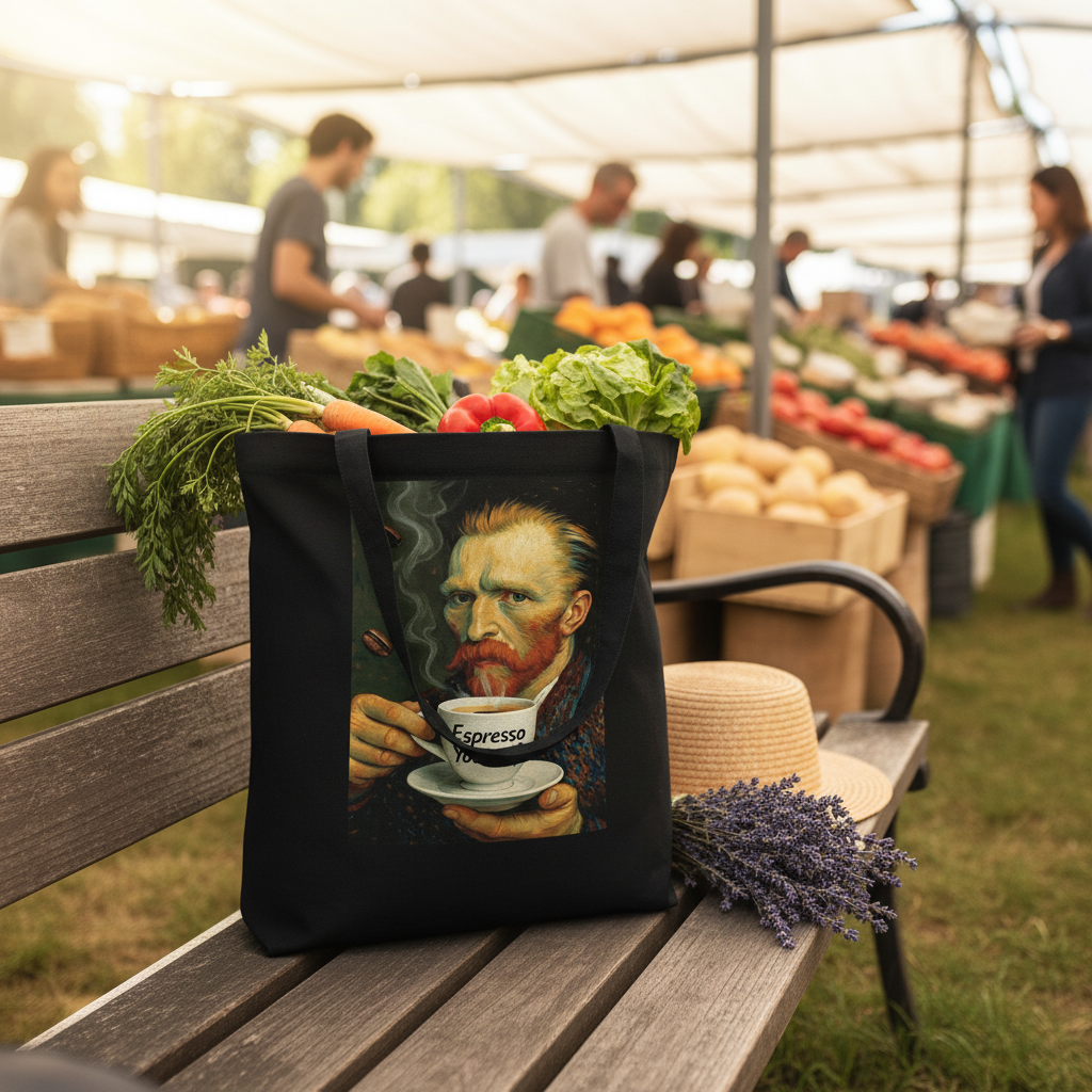 Van Gogh Espresso Yourself tote bag at farmers market eco-friendly shopping