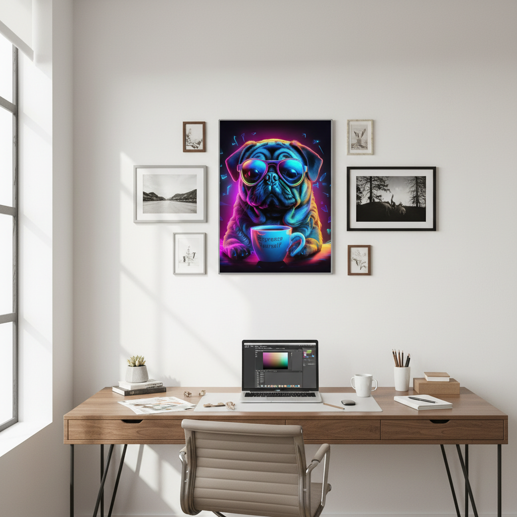 Neon Pug Espresso Yourself poster in modern home office on gallery wall workspace decor