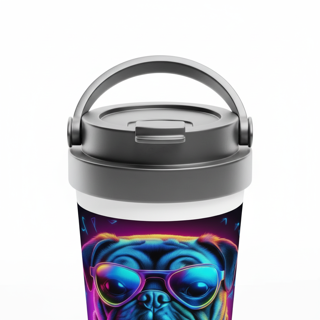 Close-up detail of Neon Pug Espresso Yourself travel mug showing vibrant print and leak-proof lid