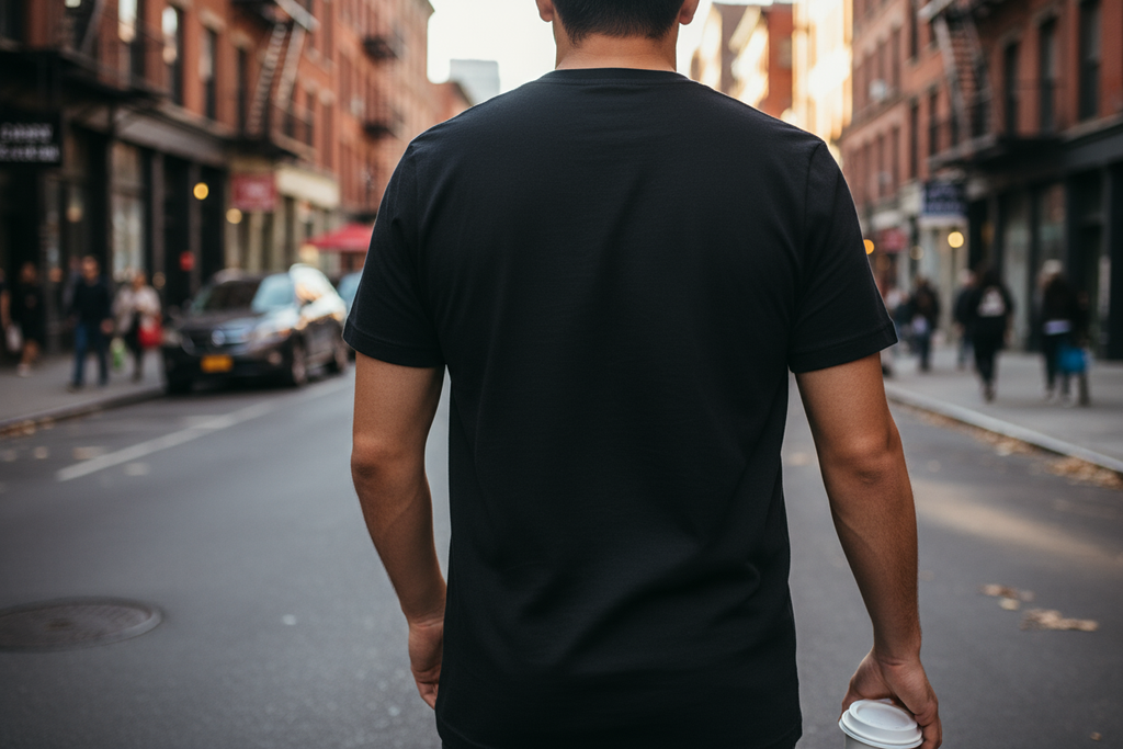 Scream If You're Out of Coffee t-shirt back view street - plain black rear