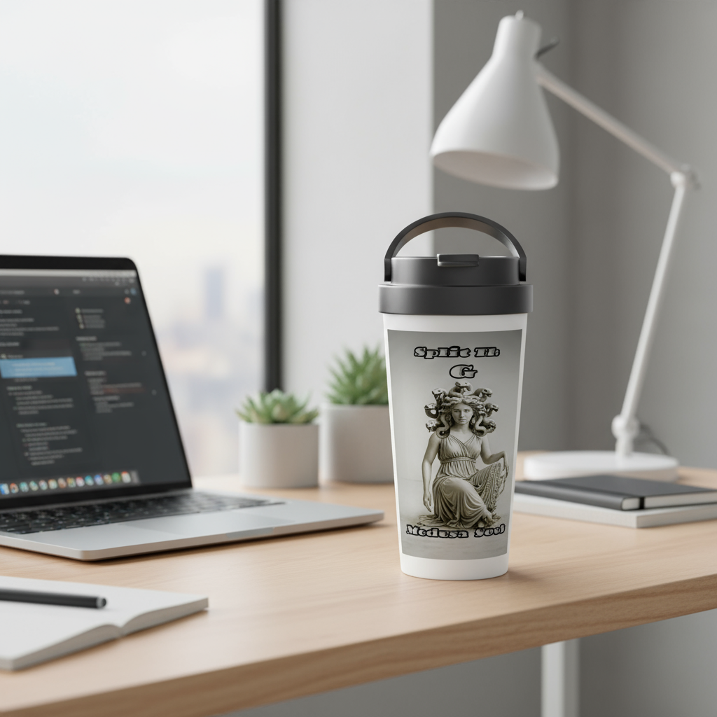Split The G Medusa travel mug on office desk - professional workspace