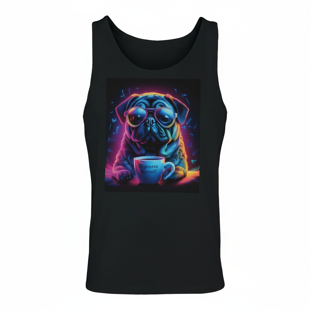 Neon Pug Espresso Yourself black tank top product shot on white background