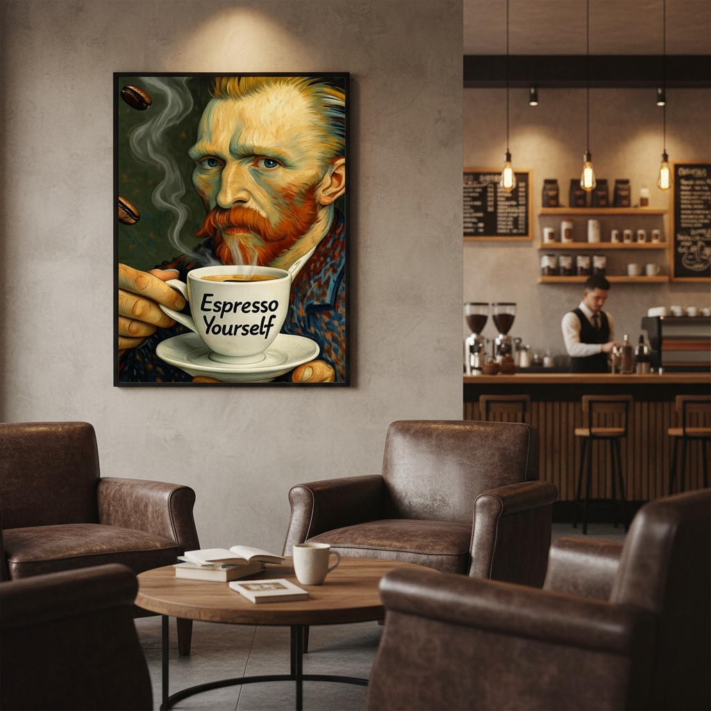 Van Gogh Espresso Yourself 30x40 poster framed on coffee shop wall