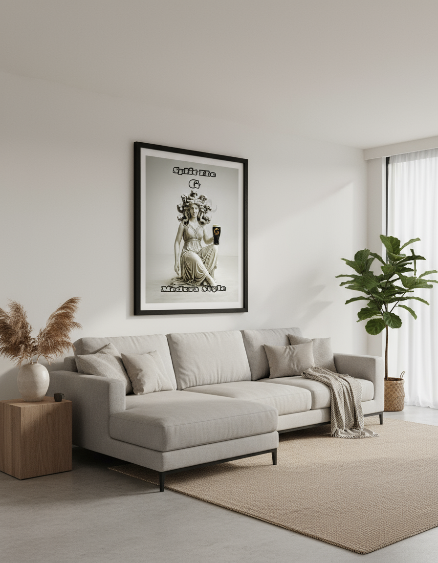 Split The G Medusa framed on living room wall - home decor mockup example