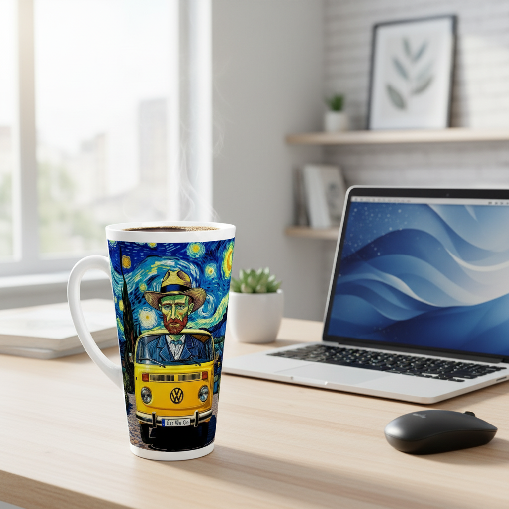 Van Gogh Ear We Go latte mug on desk - office coffee mug lifestyle