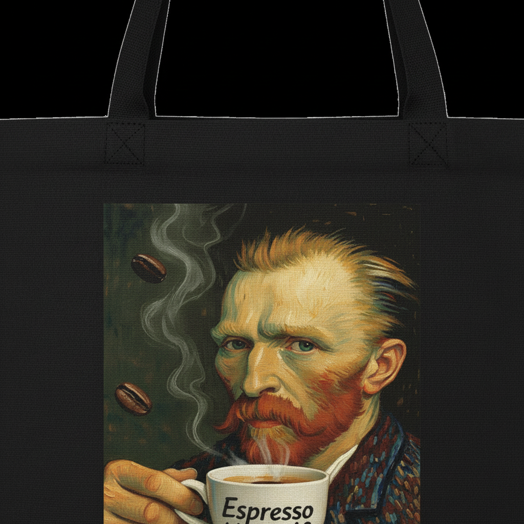 Close-up detail of Van Gogh Espresso Yourself tote bag showing print quality