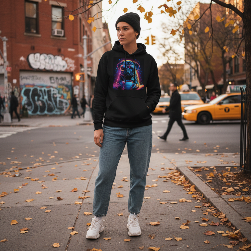 Person wearing Neon Pug Espresso Yourself hoodie outdoors in autumn casual streetwear
