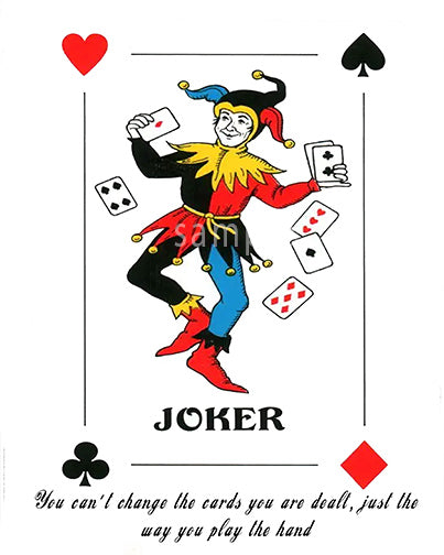 Playing card featuring a joker with text on a white background