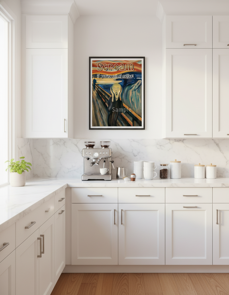 The Scream coffee parody print displayed above coffee station in modern kitchen"