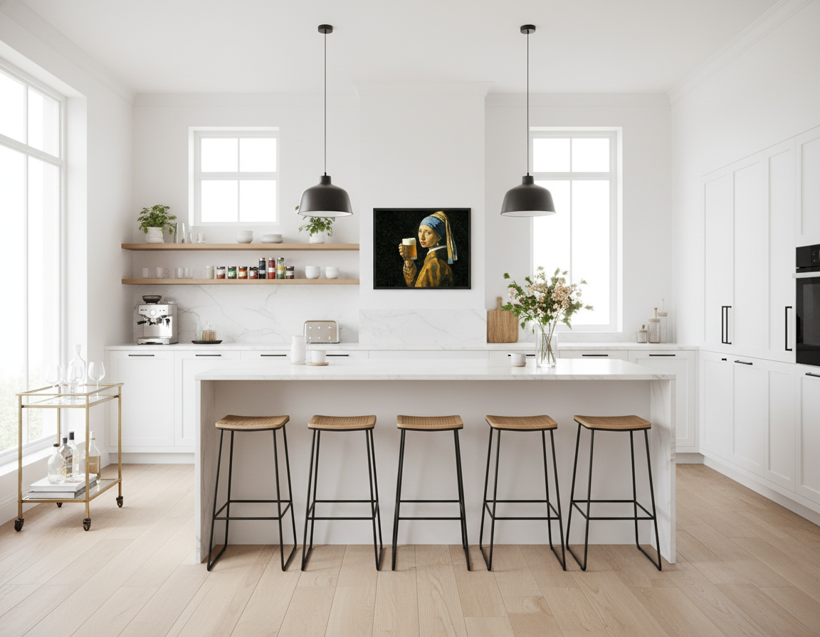  "Girl with Pearl Earring holding beer print in trendy kitchen dining area"