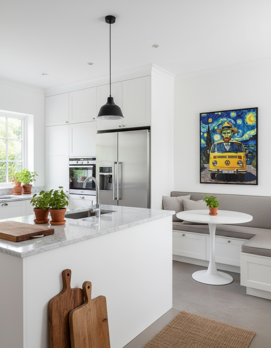 Ear We Go Van Gogh art print in modern farmhouse kitchen above breakfast nook - home decor mockup