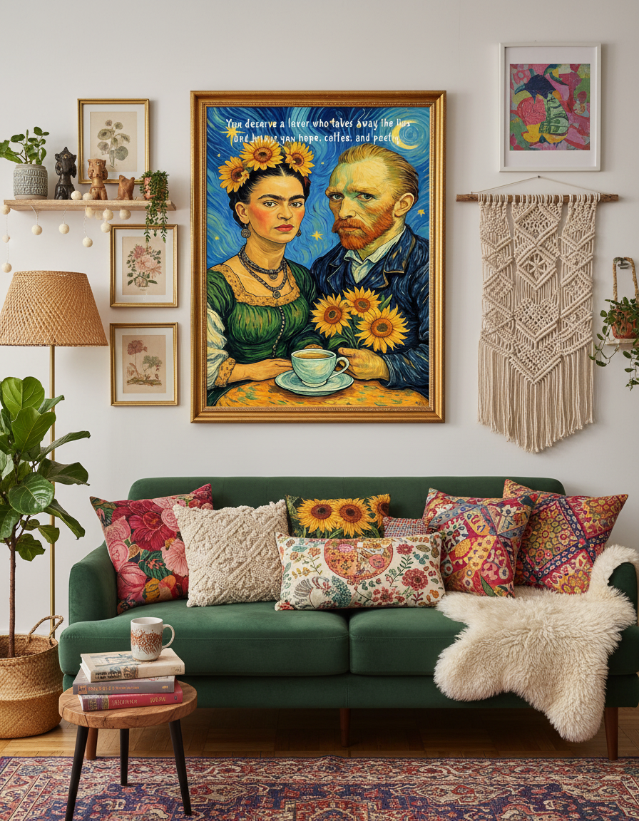 Romantic Frida Kahlo Van Gogh art print as focal point in eclectic bohemian living room"