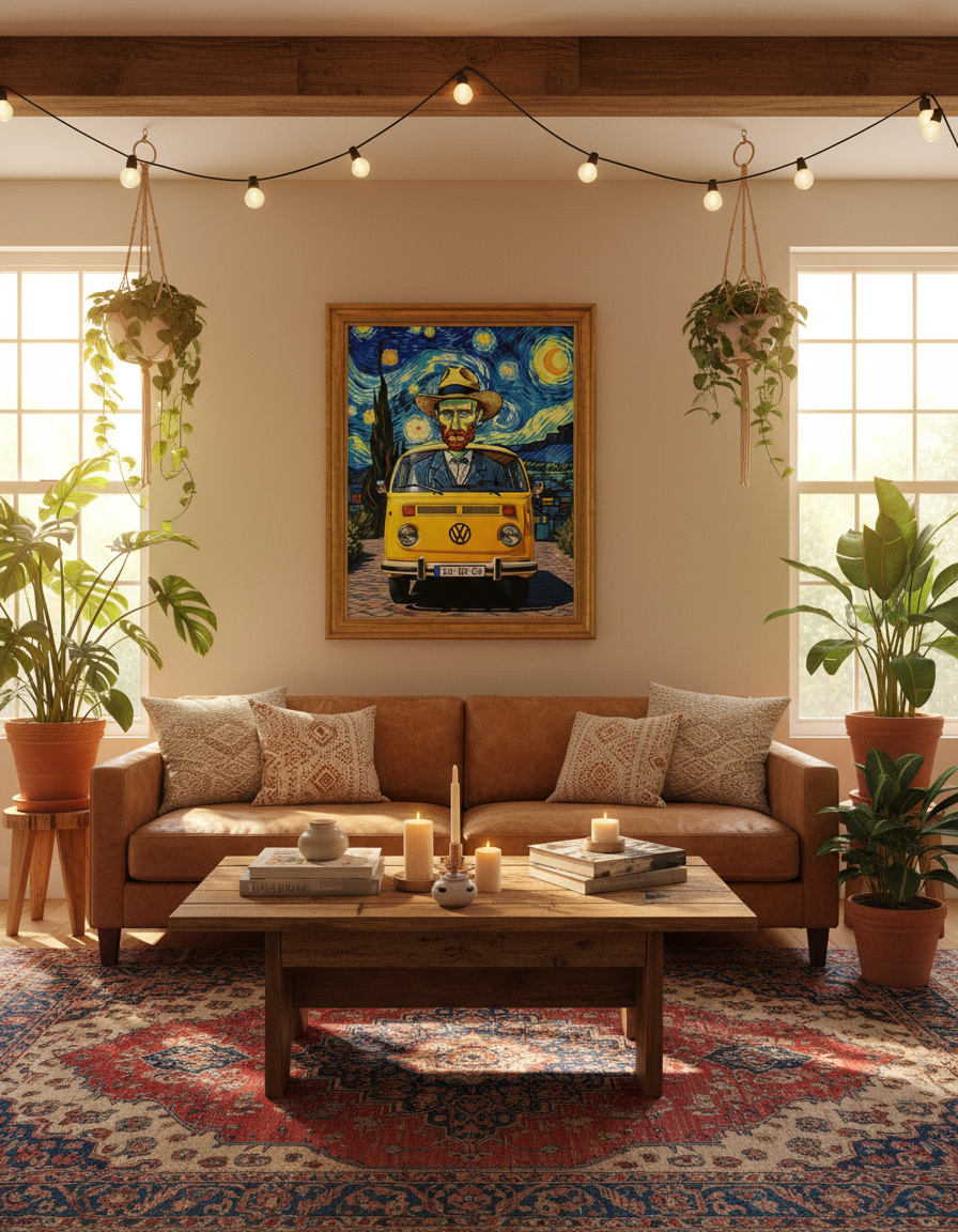 Van Gogh Starry Night VW print hanging in bohemian living room with plants - interior design mockup