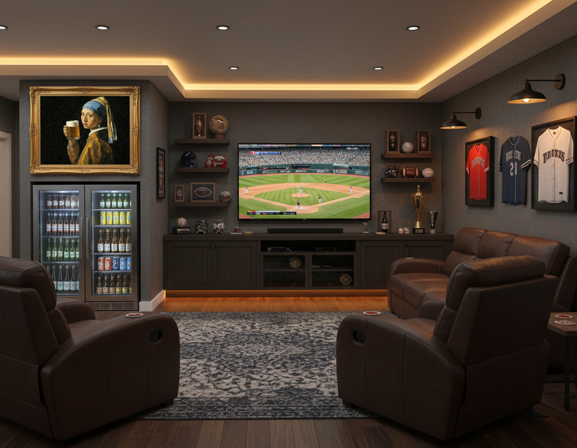 Classic art beer parody print hanging in modern man cave entertainment room"