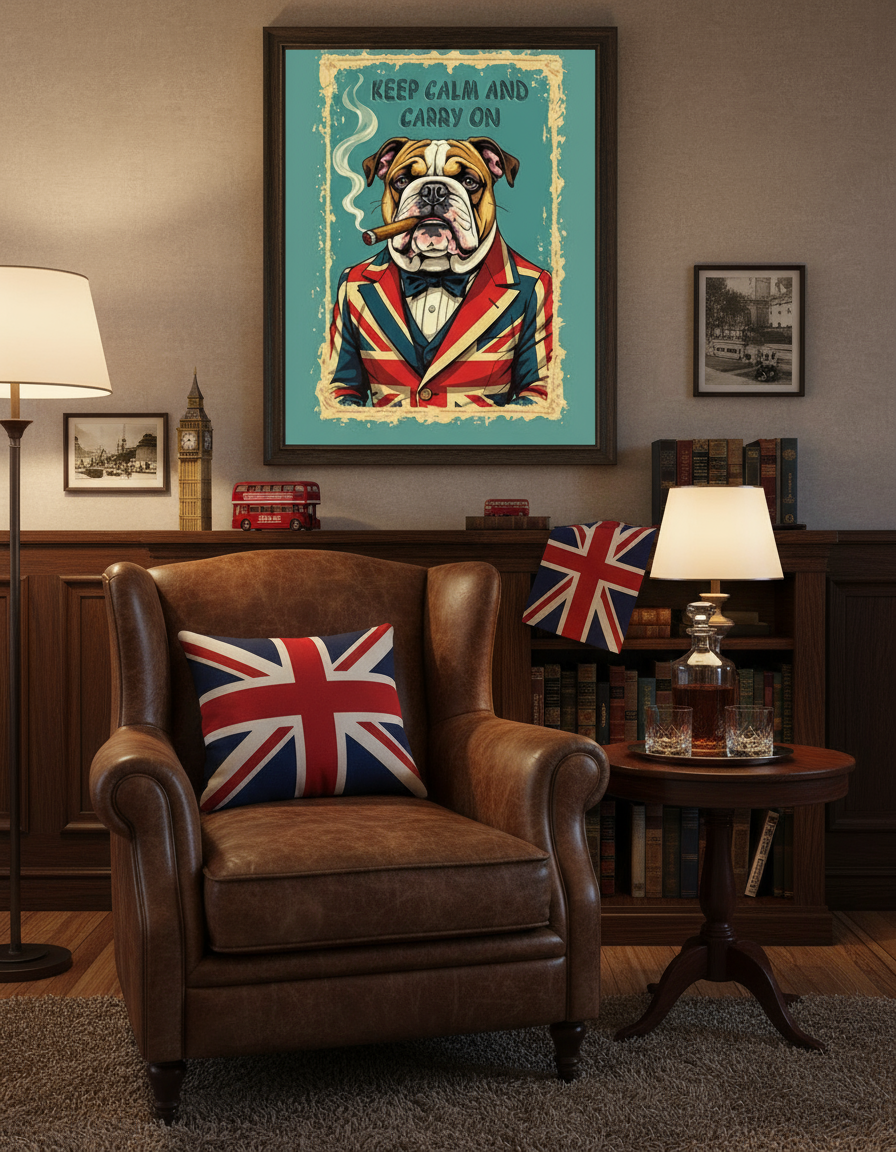 British Bulldog Union Jack print hanging in masculine man cave with leather furniture - gentleman's den wall art mockup