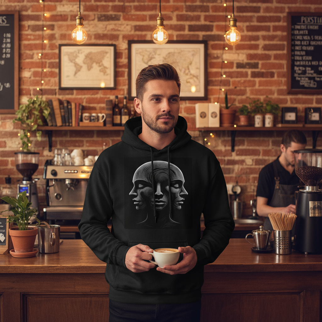 Man in Optical Illusion 3 Faces hoodie at coffee counter
