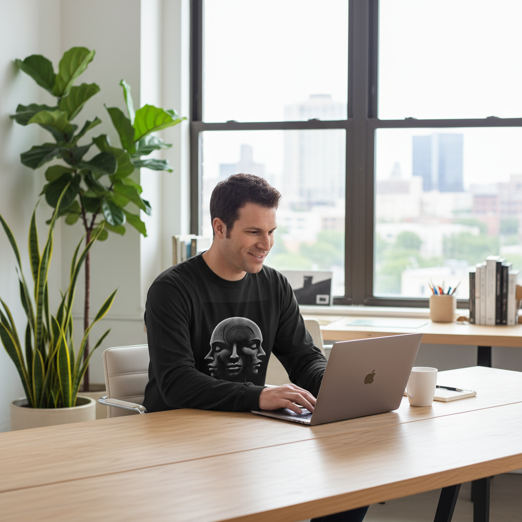 Man in Optical Illusion 3 Faces long-sleeve at modern office