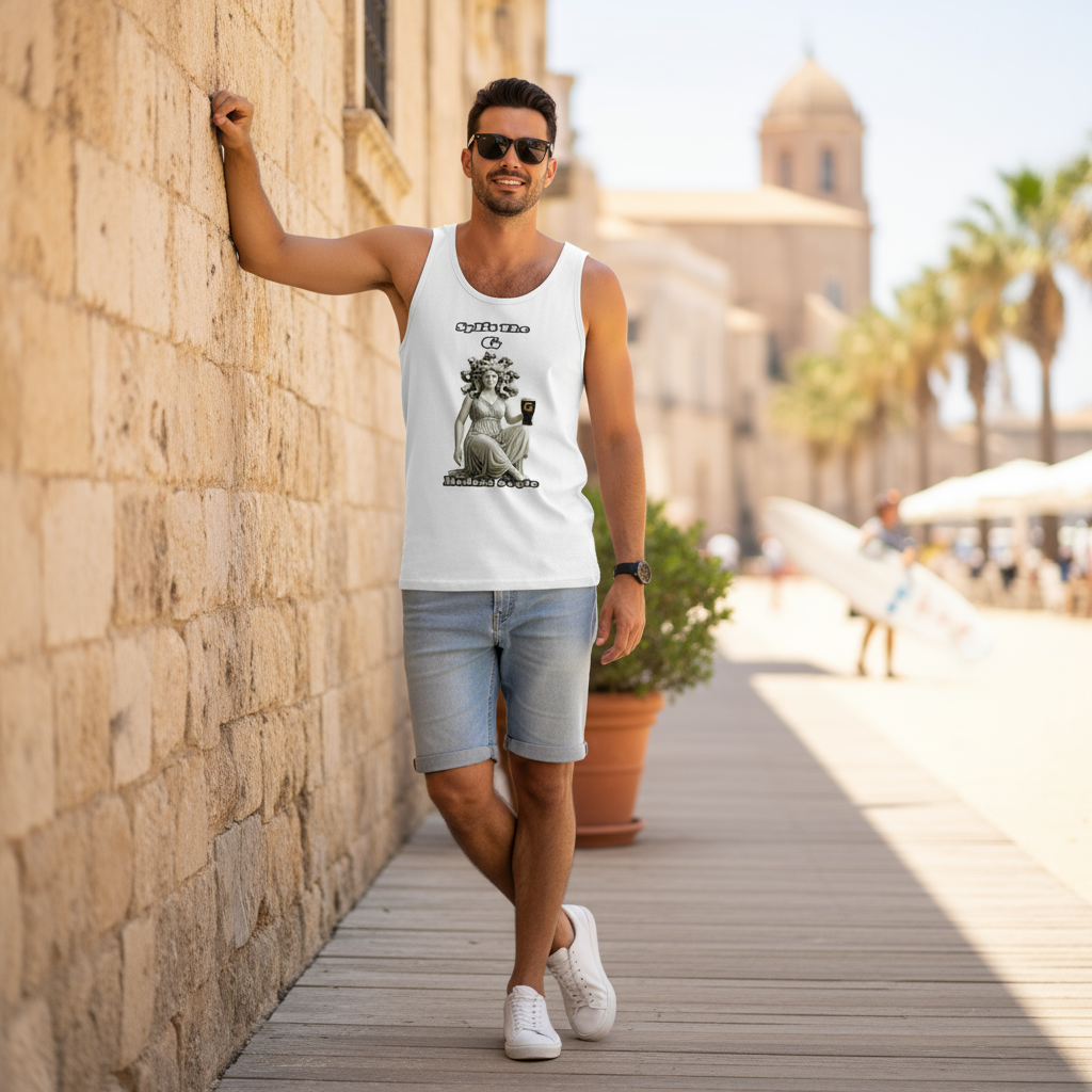 Man wearing Medusa tank top summer outdoor