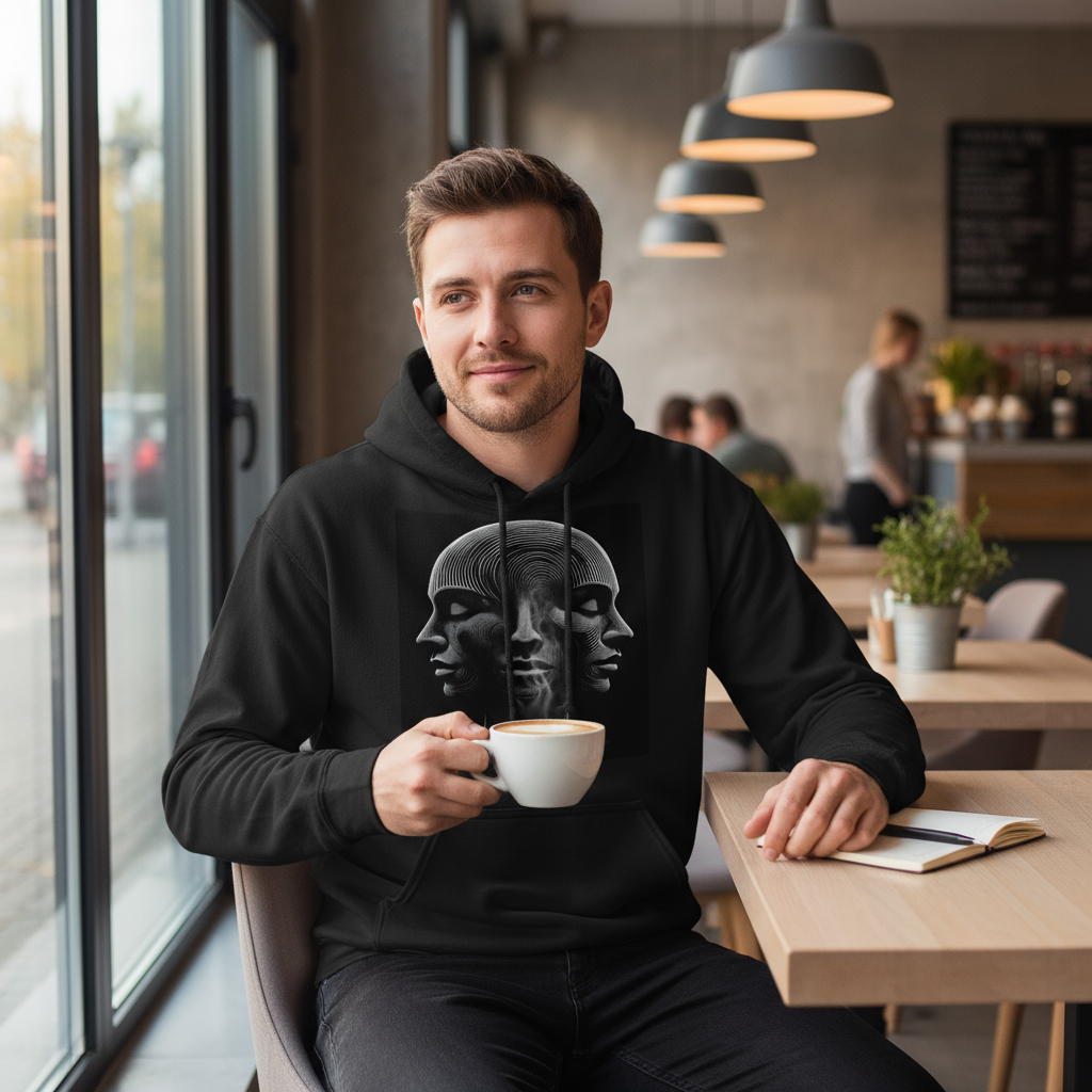 Man wearing Optical Illusion 3 Faces hoodie at cafe table