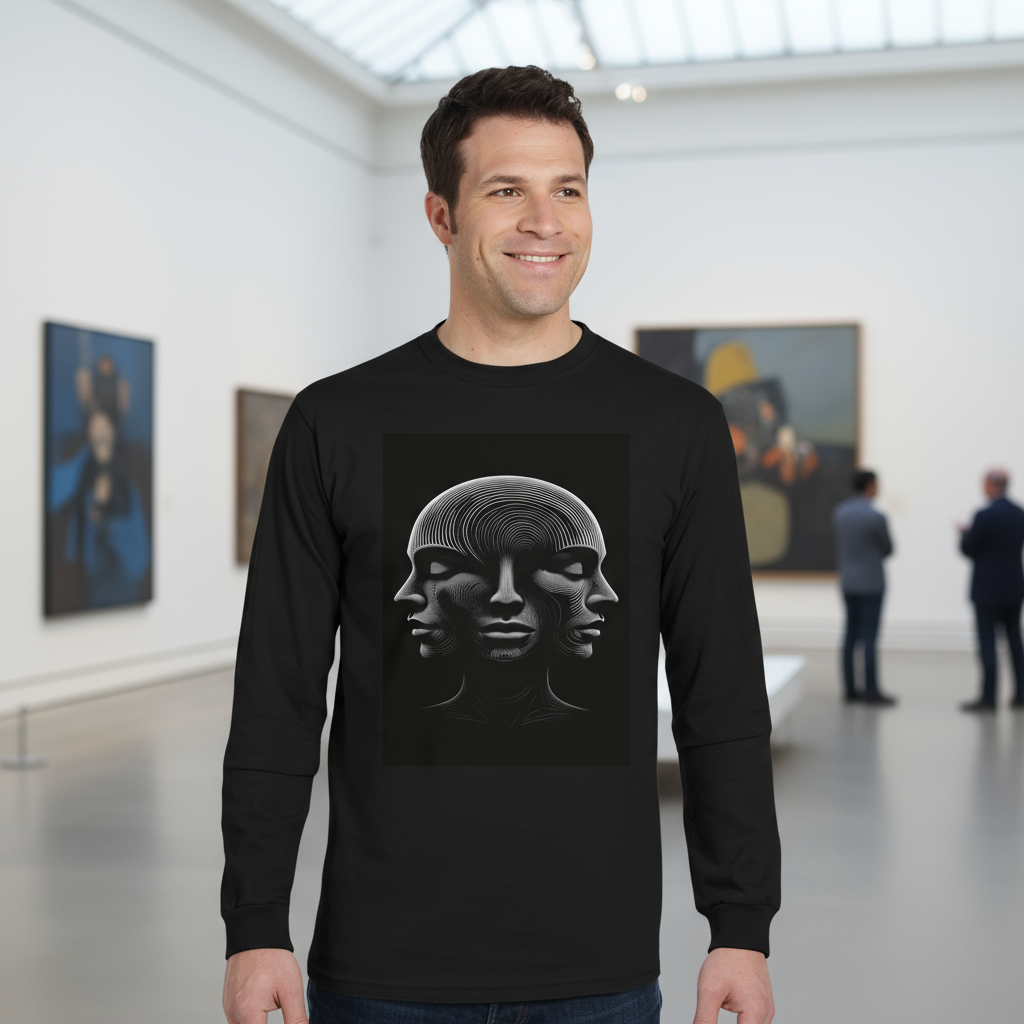Man wearing Optical Illusion 3 Faces long-sleeve in art gallery