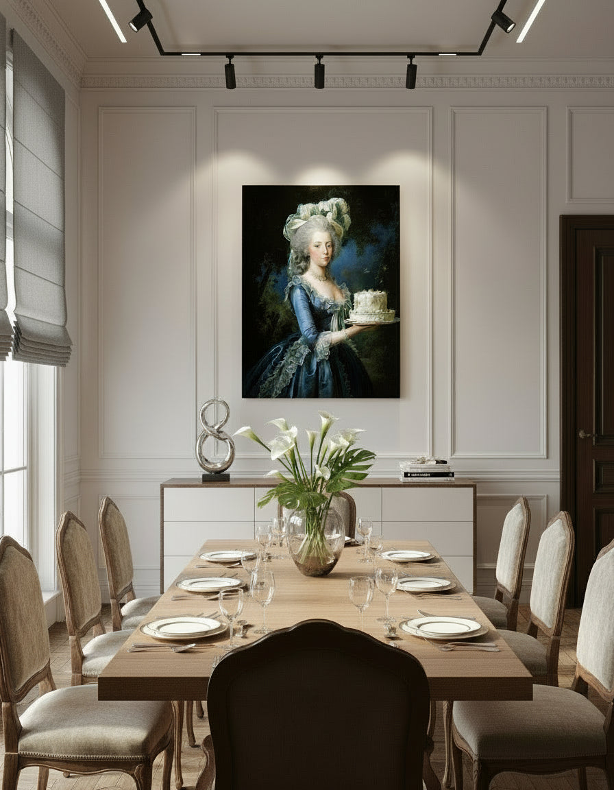 Marie Antoinette ..Let them eat cake in a blue dress holding a cake against a dark background