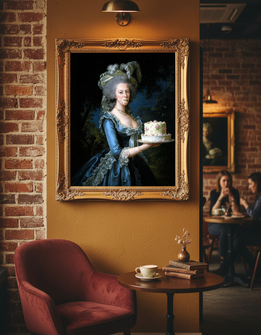 Framed portrait of a woman in a blue dress holding a cake on a wall in a cozy room.
