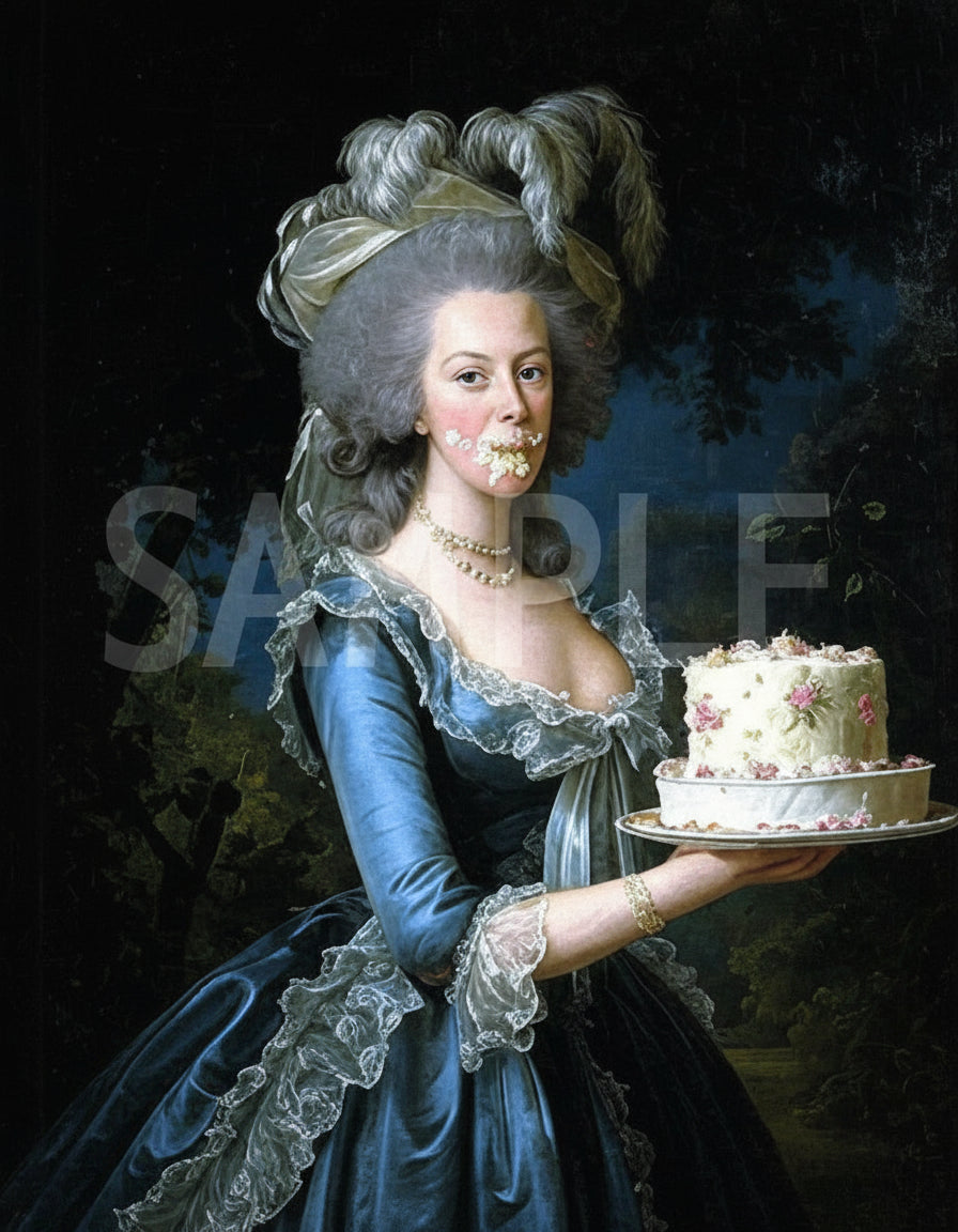 Woman in a historical dress holding a cake with a dark background
