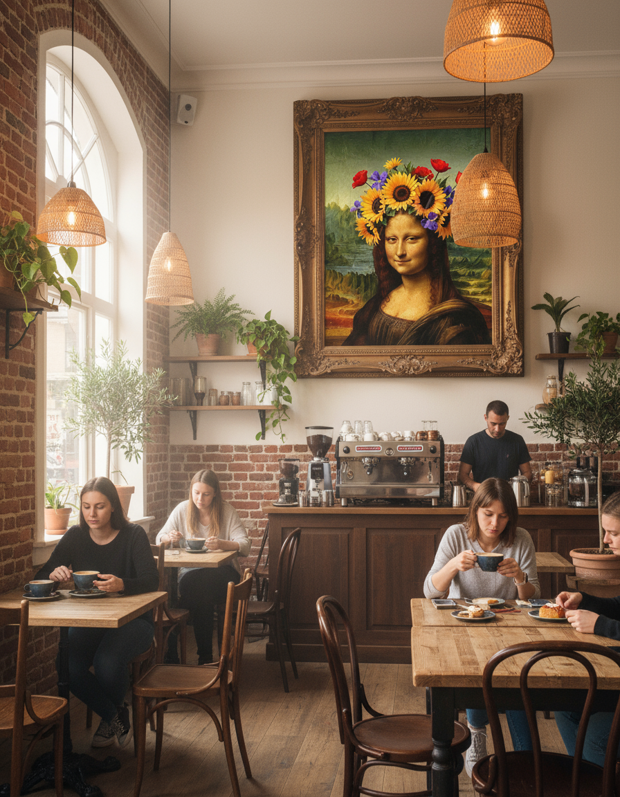 Mona Lisa artwork in cafe setting