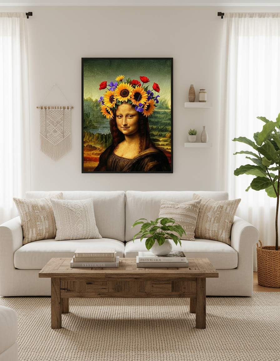 Mona Lisa artwork in lounge setting