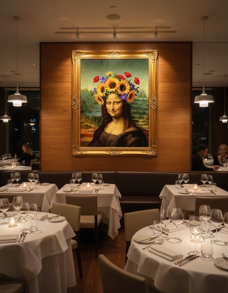 Mona Lisa artwork in restaurant setting