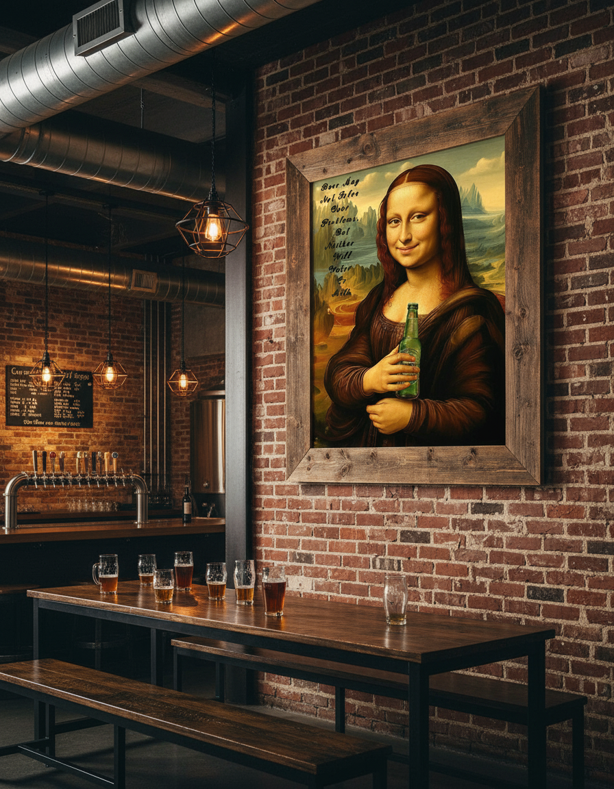 Mona Lisa beer parody art print in rustic frame on exposed brick wall in craft brewery pub
