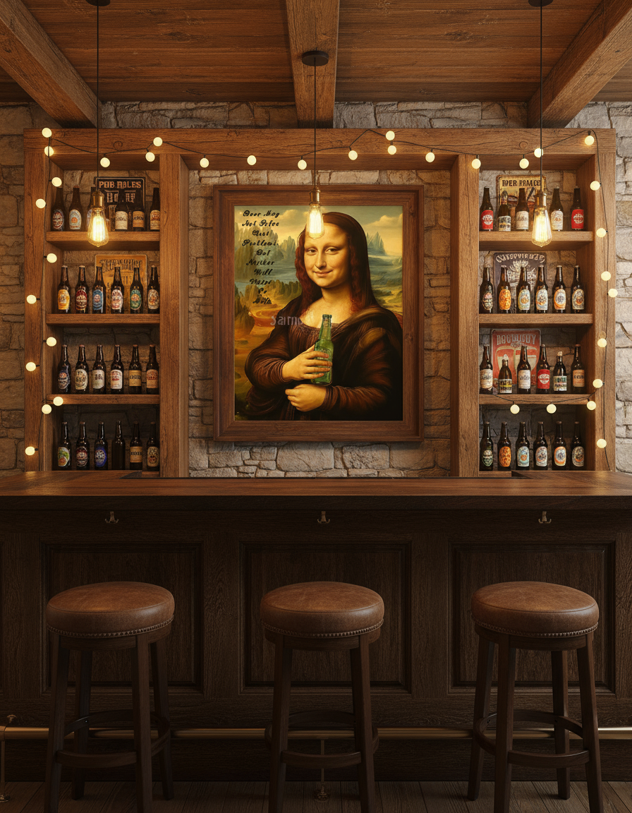 Mona Lisa Beer May Not Solve Your Problems art print in wood frame hanging in rustic home bar with beer bottles and bar stools