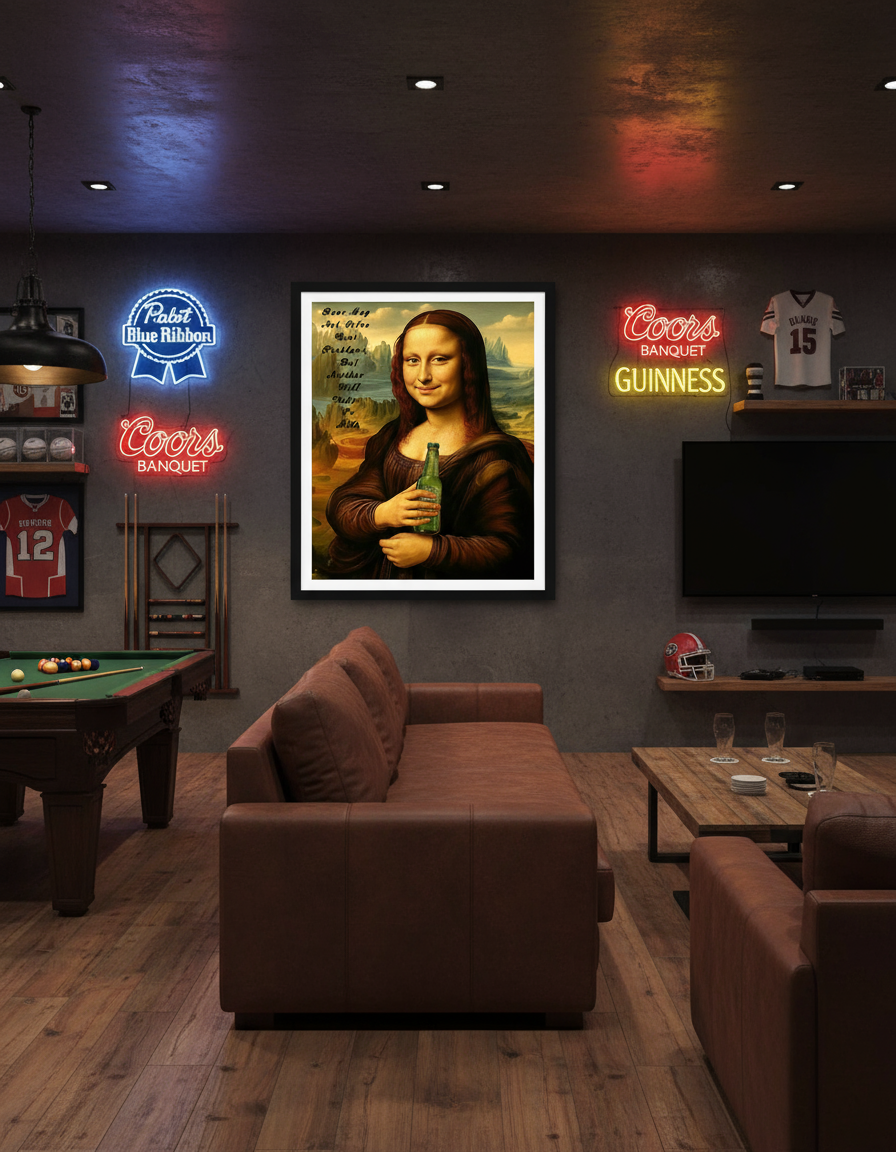 Mona Lisa beer art print in black frame on man cave wall with pool table and neon signs
